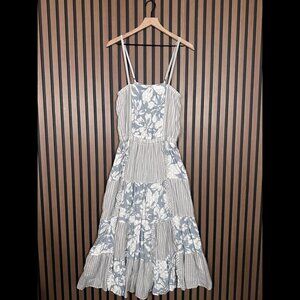 Splendid Dress Large Womens White Blue Multi Pattern Tiered Maxi Sleeveless